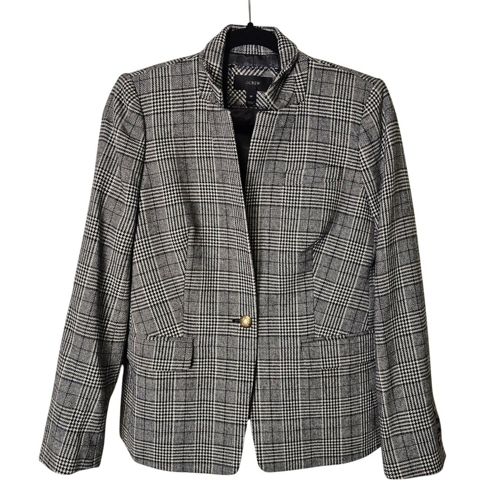 J.Crew Regent Blazer Women 8P Black White Glen Plaid Gold Button‎ Professional